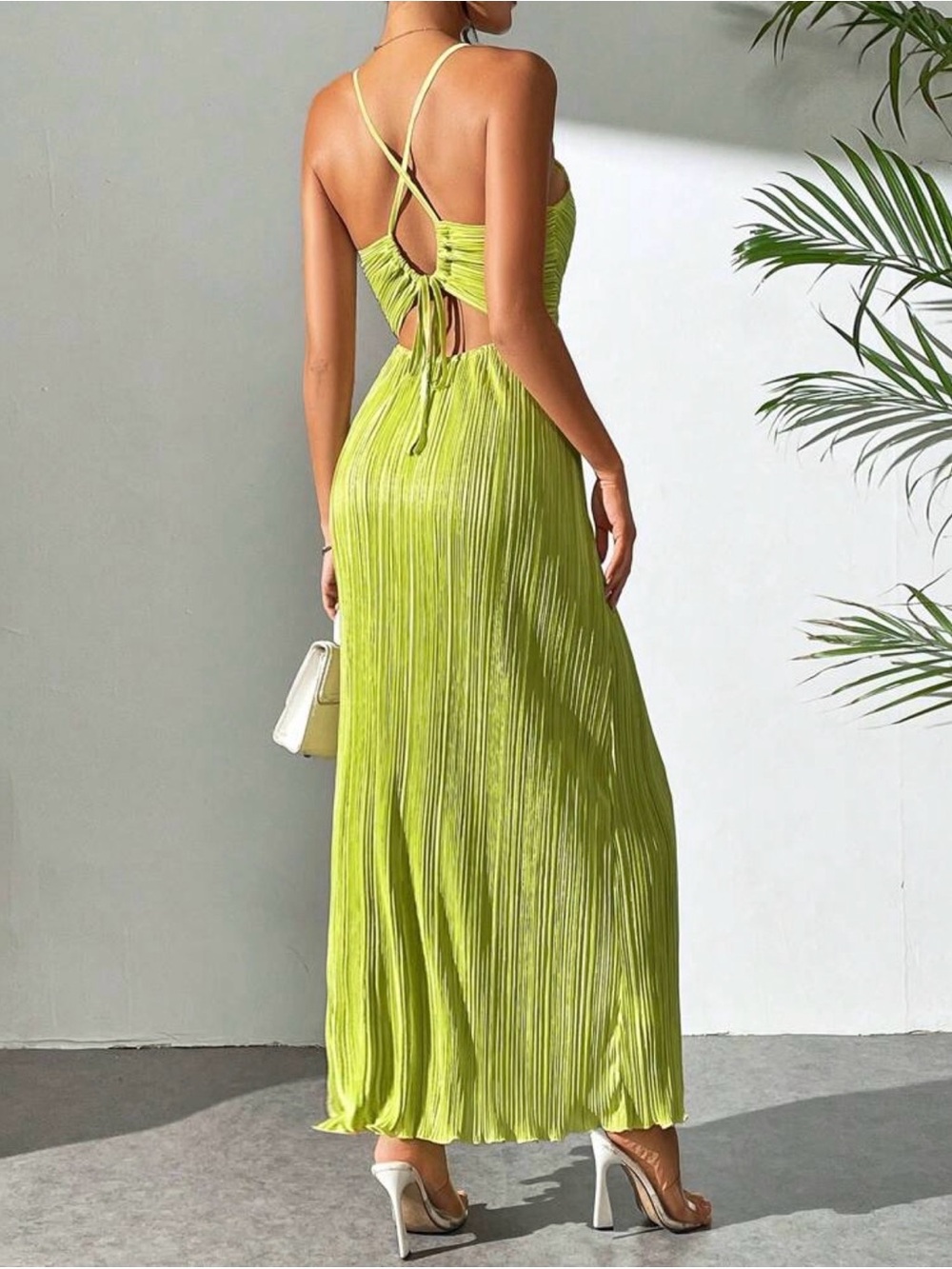 Lime Green Pleated Spaghetti-Strap Maxi Dress - Picture 2 of 5